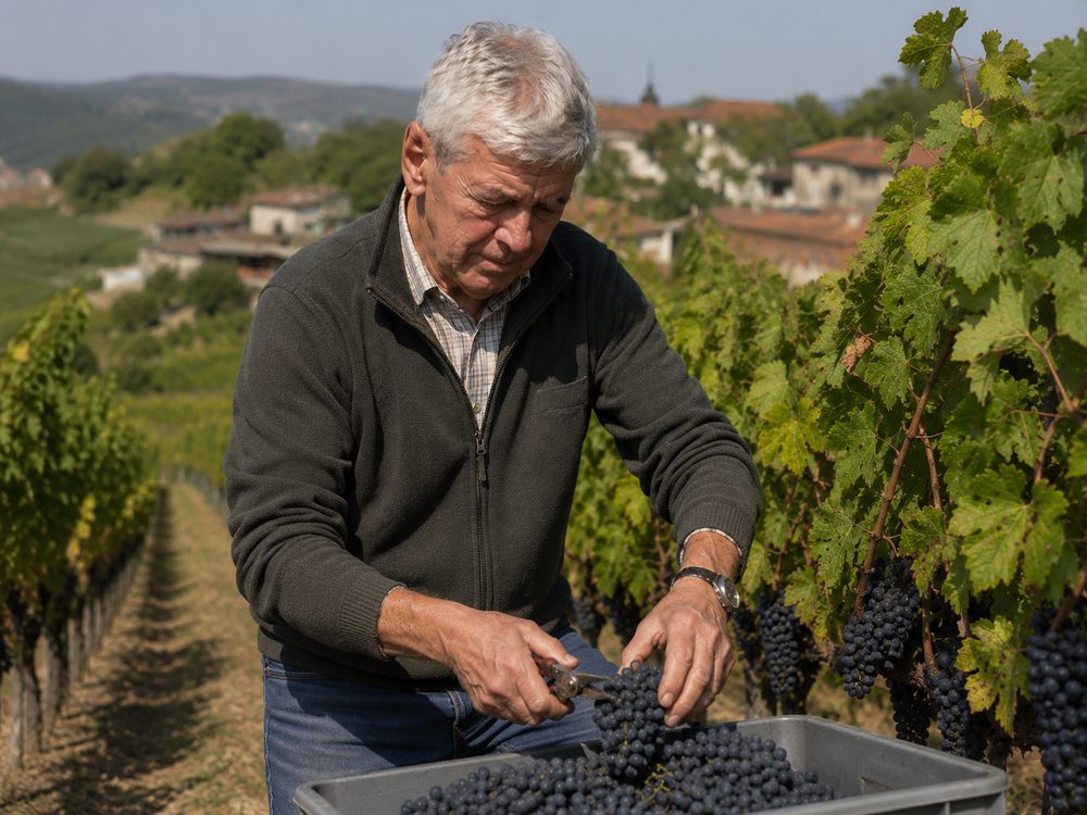 Vigneron récoltant le raisin sur les coteaux de Chamoson, en Valais